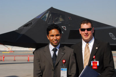 Omar Rhiman and Bill Hampton, right, of DAE University with the F-117, Dubai Airshow 2007