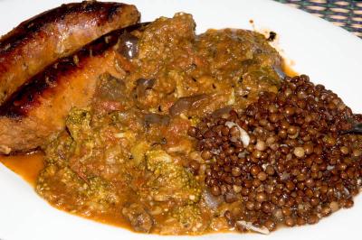 sausage, eggplant pickle with broccoli, lentils