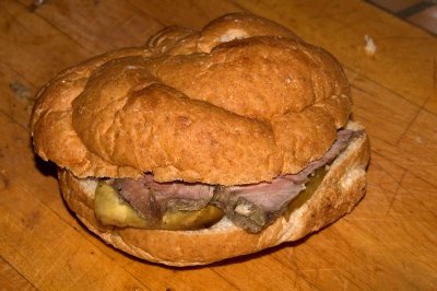 sliced roast beef and marinated eggplant sandwich