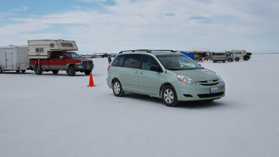 The Green Weenie stands on the spectator parking side of the orange cones