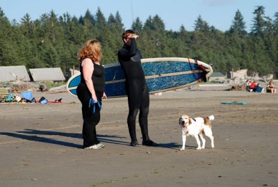 A web surfer, a wave surfer, and a dog