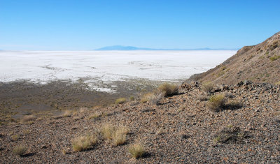 Looking south at the Bonneville Salt Flats from a low saddle below the summit