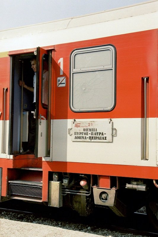 a narrow gauge Intercity train: Olympia-Pyrgos-Patras-Athens-Pireus