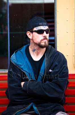 Man with redback spider tattoo on ferry