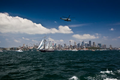 Young Endeavour tallship with helicopter