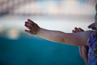 Arm of child with Sydney  Harbour Bridge backdrop