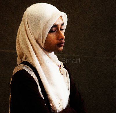 Schoolgirl in hijab using Impressionist filter
