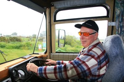 Bill driving his bus in Manaia.