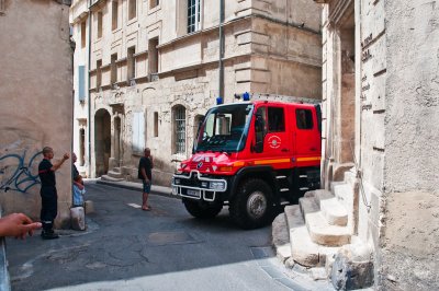 Fire Engine negotiating the narrow streets of Arles