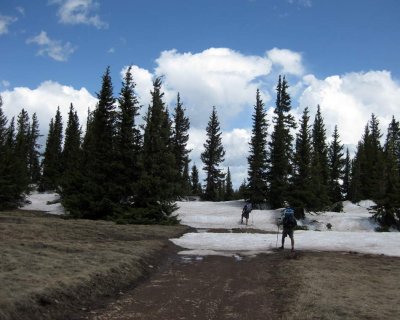 Hiking over snow drifts, northern New Mexico