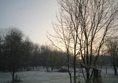 Snowing at sunrise