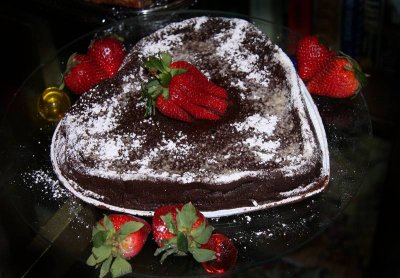 Passover flourless chocolate cake with strawberries