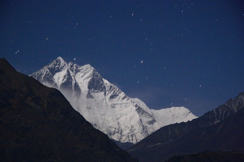 Lhotse by moonlight, with star trails