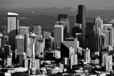 Space Needle and Seattle in black-white