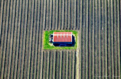 square barn and green field in Linden Washington 