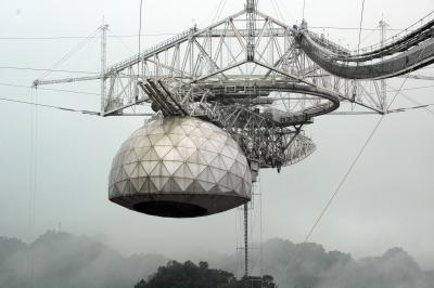 Giant radio telescope at Arecibo (in the rain)