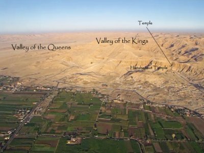 Valley of the Queens, Kings, and Hatshepsut temple labeled