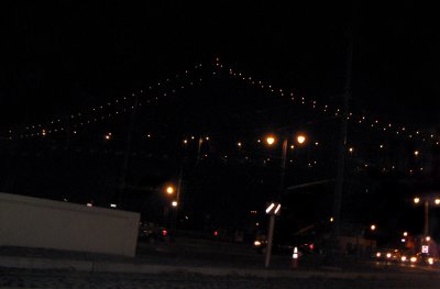 Bay Bridge at night, at Embarcadero, #1374 (w/ auto-flash)