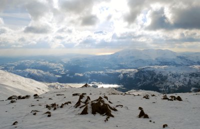 Looking South-West, towards Lake Coniston and the radio-active glow of the Irish Sea. Coniston Old Man is on the right