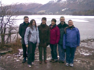 Michael, Rachael, Clare, Wendy, Andy, and Richard on the banks of Grasmere