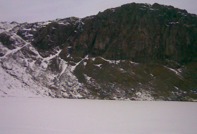 Stickle Tarn, frozen over and covered with snow (people were walking on it!)