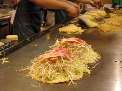 Layered Hiroshima-style okonomiyaki
