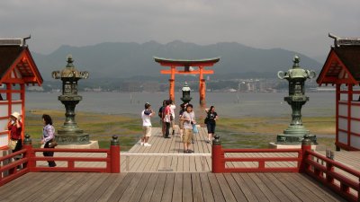 View across the stage to the torii