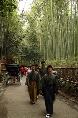 Kimono-clad boys and rickshaw in the grove