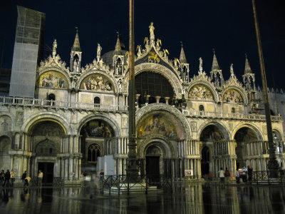 A flooded Piazza San Marco by night