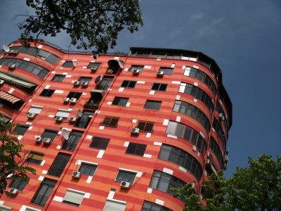 Brightly colored apartment tower, Blloku