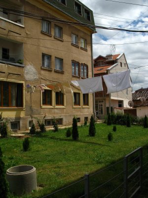 Washing hung outside an apartment block