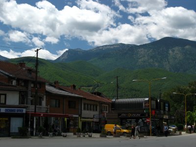 Low rise homes and mountains off Rugova Gorge