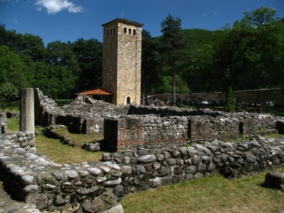 Ruins of older monastery structures and tower