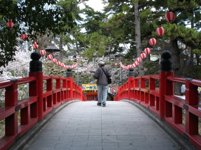 Old man walking over the Shinkyō-bashi