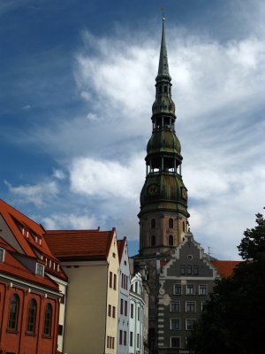 Spire of St. Peter's with colorful facades