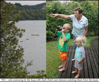 Watching Phil and Julie swimming to the buoy on Lake Rotoiti