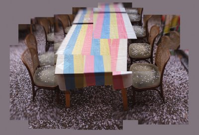 table & chairs with fallen sakura petals