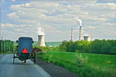 Amish buggy and steam plant. Near Washingtonville, Pa.