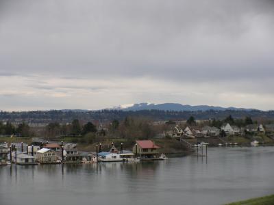 View from balcony across Tomahawk Island in the Columbia River looking North towards Vancouver, Washington..