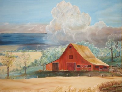 Old red barn painting.