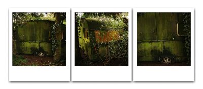 Three photographs of a well hidden little caravan in K.
