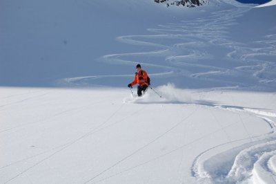 Pat skiing down