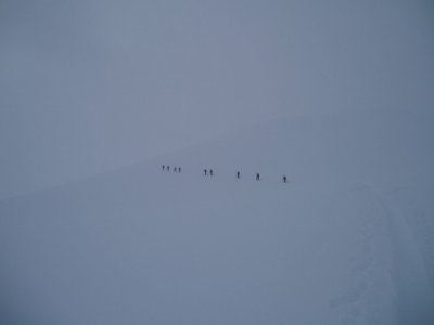 skiers in the fog