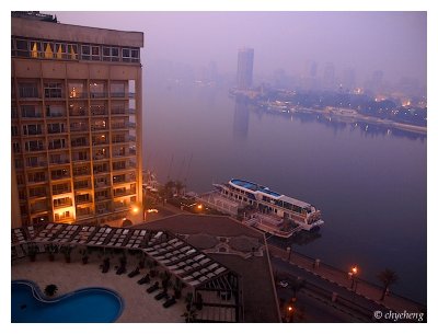 The hotel covered in mist