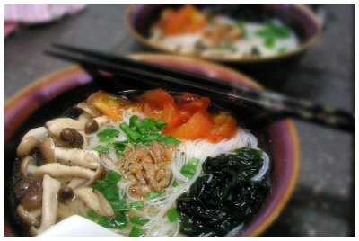 Chinese rice noodle in vegetable broth
