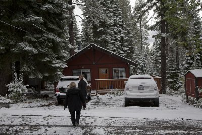 Peggy and Nancy in front of cabin