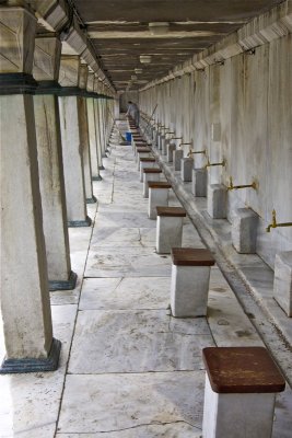 Marble and wood washing stations at Blue Mosque