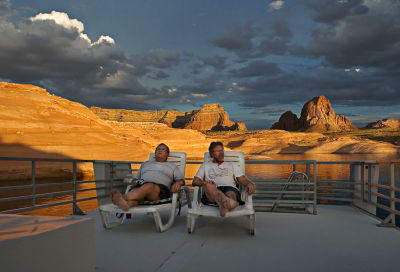 Enjoying the sunset (and margaritas) from the top deck of the houseboat