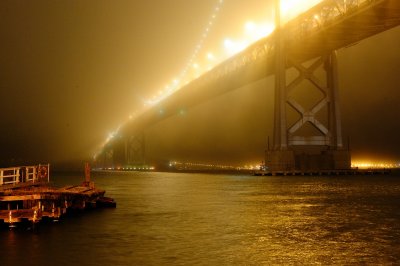 Night, Fog, Pier and Bridge