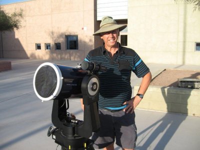 Keith Krueger with his Meade 8 inch SCT and mandatory sun filter.